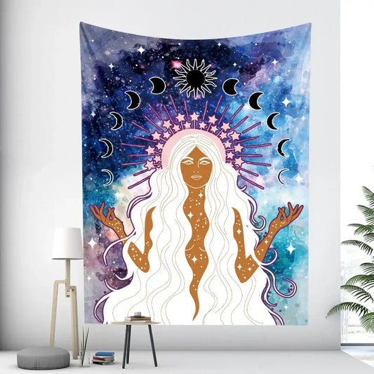 Bohemian moon tarot tapestry in blue and purple galaxy colors featuring a stylized figure with moon phases decorbites bohemian moon