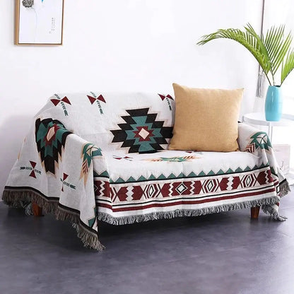 White woven throw blanket with black teal and maroon geometric patterns and fringed edges decorbites geometric tassel sofa cover