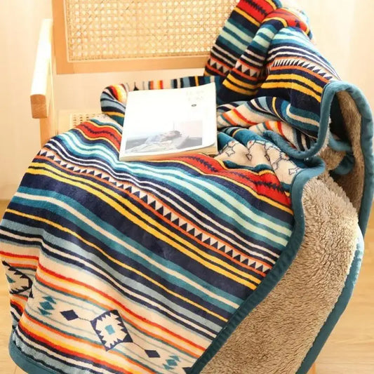 Bohemian multicolored striped coral fleece sofa blanket with plush sherpa lining and geometric tribal patterns for winter use