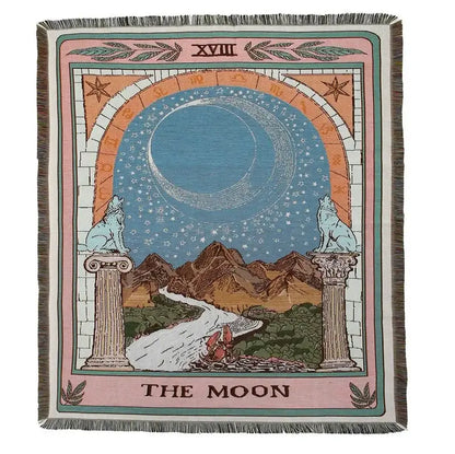Bohemian outdoor blanket gray tiger tapestry rug featuring woven tarot card the moon with wolves starry sky decorbites bohemian outdoor