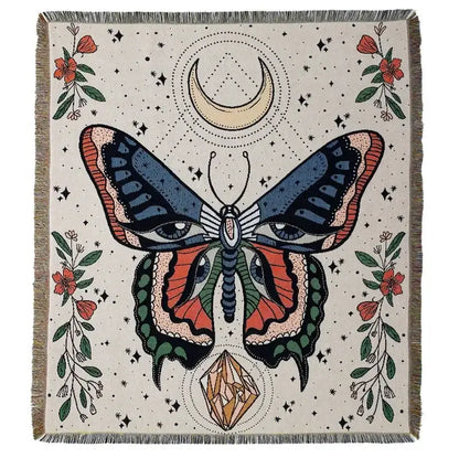 Beige woven decorbites bohemian outdoor blanket with butterfly and floral motifs for living room or outdoor use