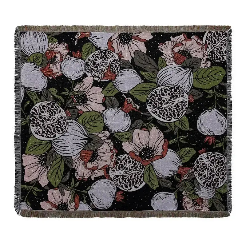 Black throw blanket with detailed floral and pomegranate pattern and fringed edges from decorbites bohemian outdoor collection