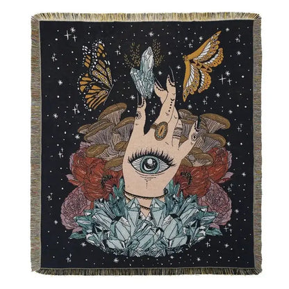 Black woven decorbites bohemian outdoor blanket with eye hand illustration surrounded by mushrooms and crystals