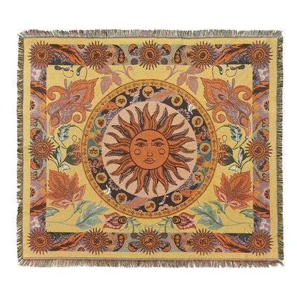 A decorbites bohemian outdoor blanket with a gray tiger tapestry design and warm sun motif for living room decor