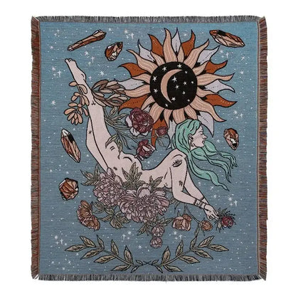 Bohemian outdoor blanket gray tiger tapestry rug featuring a green-haired figure with celestial decorbites bohemian design