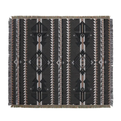 Decorbites bohemian outdoor blanket gray tiger tapestry rug featuring black and beige woven geometric tribal patterns with fringed edges