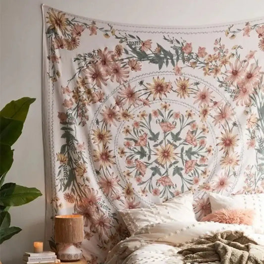 Bohemian pink and green mandala flower wall hanging by decorbites featuring a soft floral tapestry for bedroom decor