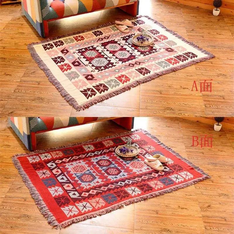 Bohemian pink and red knitted cotton throw blanket with reversible geometric pattern for bedroom decorbites decor