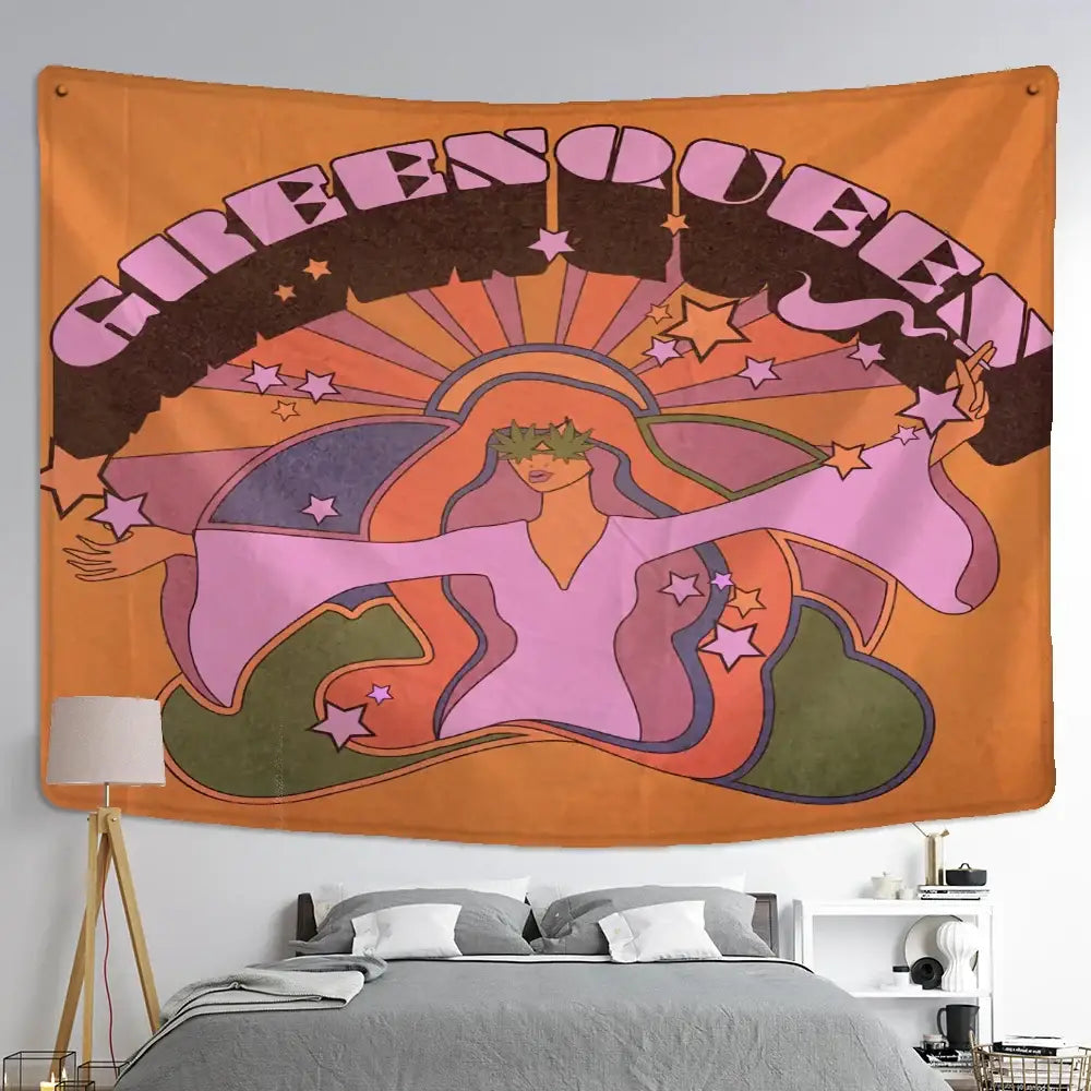 Bohemian purple cat paws tapestry with vibrant orange psychedelic design of green queen for decorbites cat paws decorbites cat