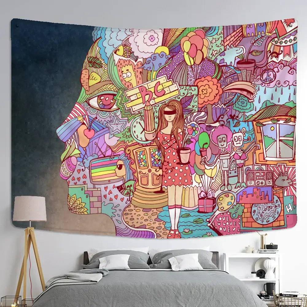 Bohemian purple cat paws tapestry featuring vibrant psychedelic cartoon girl and intricate mind profile for decorbites cat paws wall decor