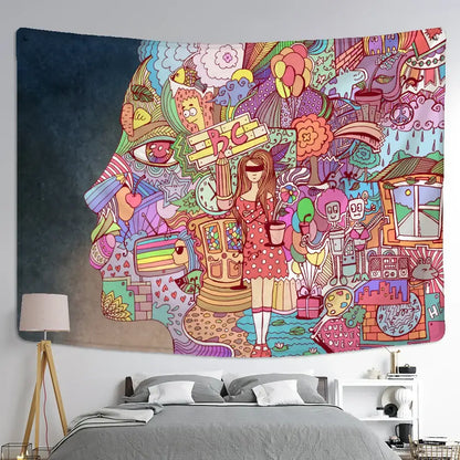 Bohemian purple cat paws tapestry featuring vibrant psychedelic cartoon girl and intricate mind profile for decorbites cat paws wall decor