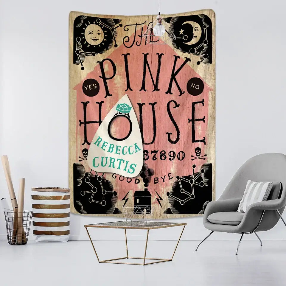 The decorbites cat paws tapestry features a pink ouija board design on textured fabric for bohemian bedroom decor