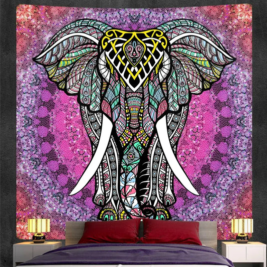 Bohemian purple and pink god mandala tapestry featuring a decorbites elephant god with ornate tribal designs for bedroom decor