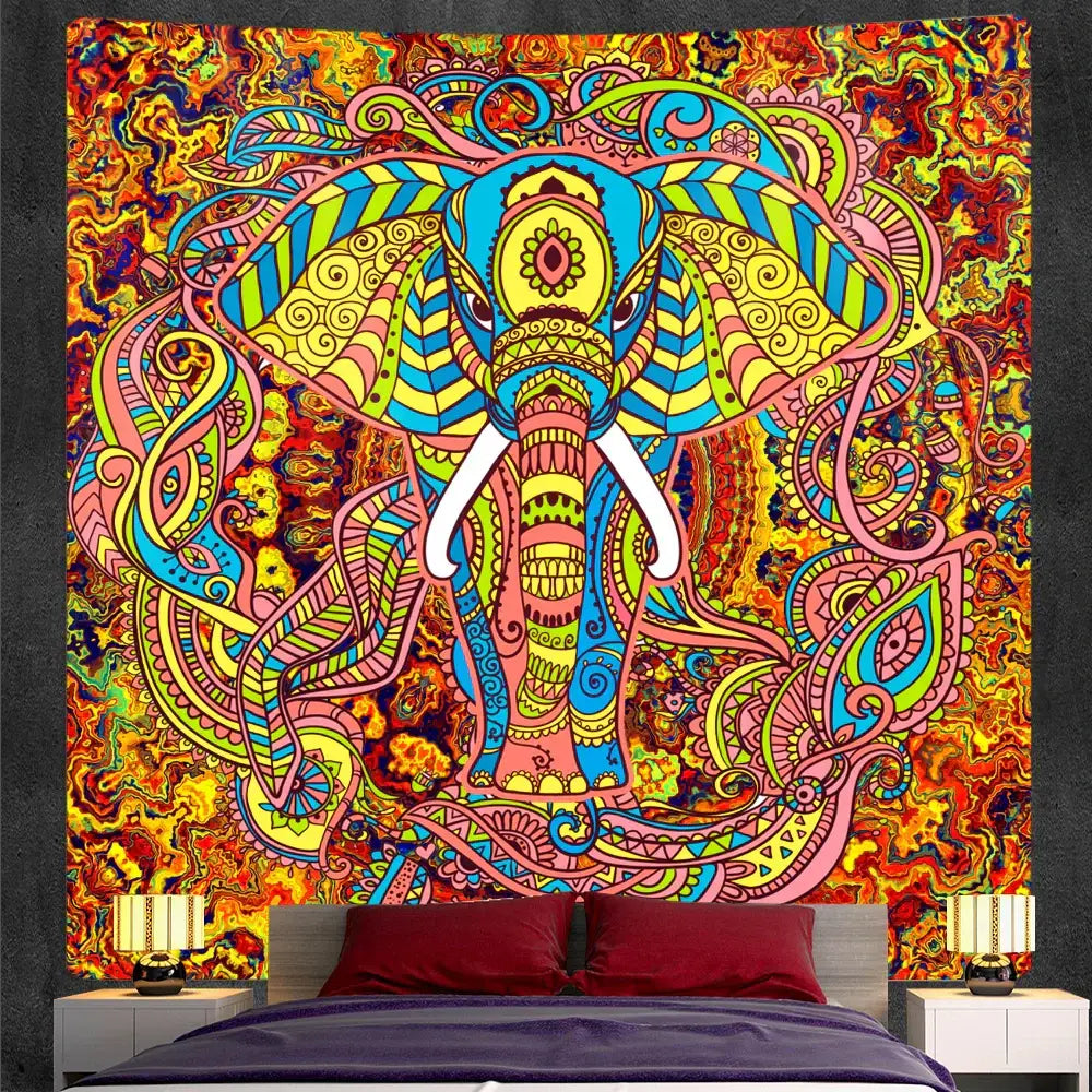 Bohemian purple and pink elephant god mandala tapestry with vibrant psychedelic elephant decorbites elephant god patterns