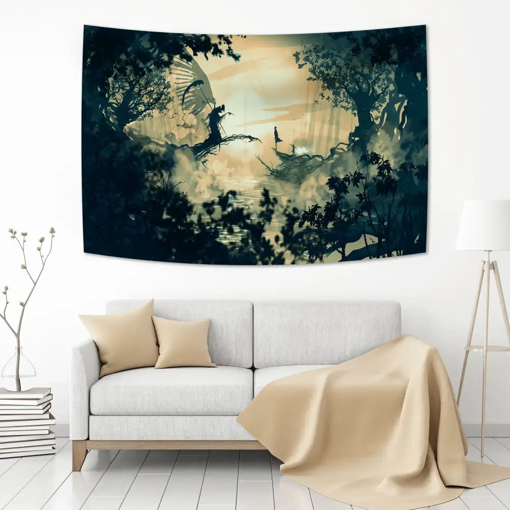 Dark teal and golden hogwarts art tapestry depicting a mystical forest scene for bedroom wall decor