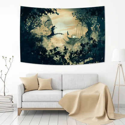 Dark teal and golden hogwarts art tapestry depicting a mystical forest scene for bedroom wall decor