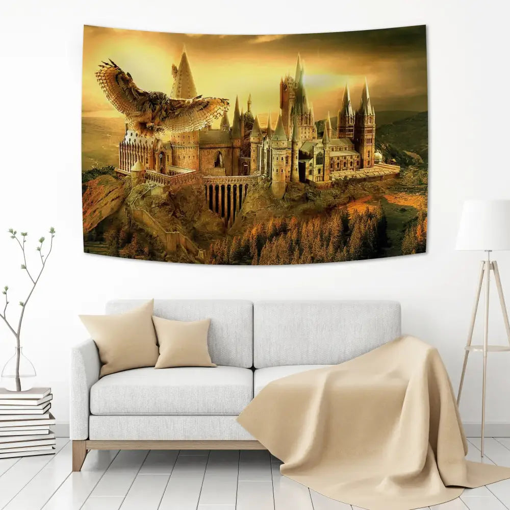 Bohemian red and blue hogwarts art tapestry featuring a golden-hued castle with flying owl for bedroom wall decor