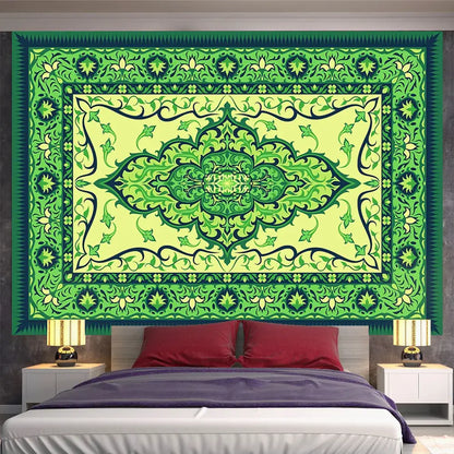 Vibrant green and lime indian mandala tapestry with intricate floral patterns hangs above a bed for bedroom decorbites indian mandala decor