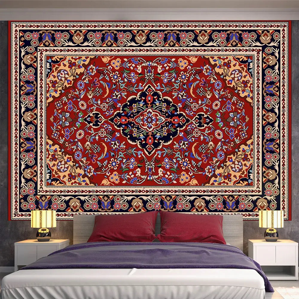 Vibrant red and blue indian mandala tapestry with intricate floral designs hanging above a bed for bedroom decorbites decor