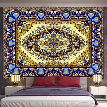 Vibrant blue and gold ornate indian mandala tapestry hanging above bed for decorbites indian mandala bedroom decor