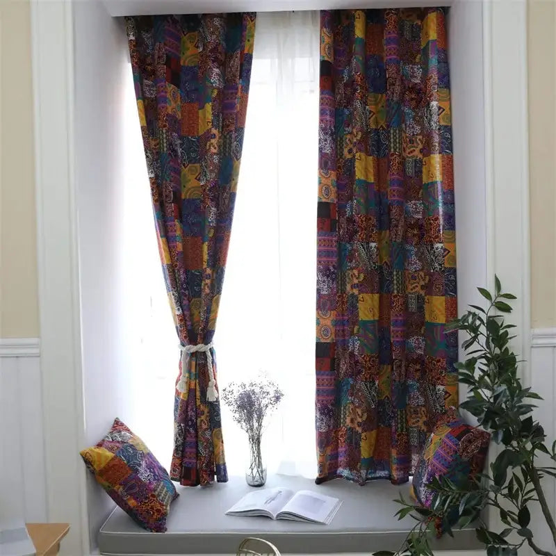 Vibrant cotton linen bohemian retro purple and yellow patchwork curtains with intricate patterns for living room decorbites bohemian retro ethnic style