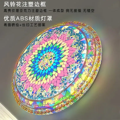 Vibrant bohemian romantic art oval ceiling lamp with pink blue yellow green mosaic tiles and gold trim decorbites style