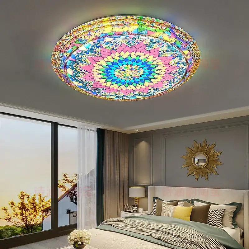 Vibrant bohemian romantic art ceiling lamp with radiant rainbow mosaic and gold-trimmed edges for living room decorbites