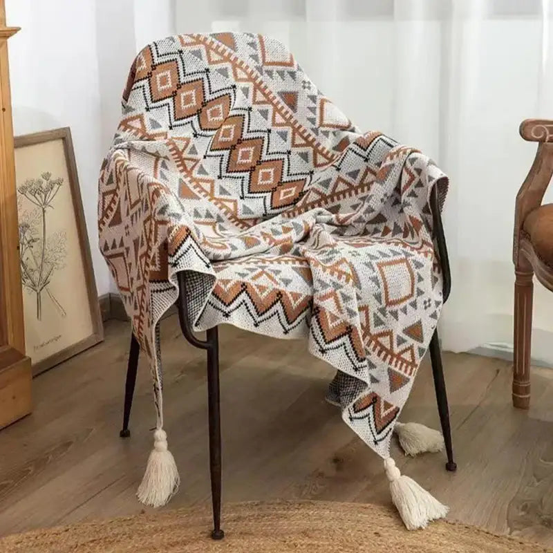 Bohemian striped knit throw blanket in beige brown with geometric pattern tassels for living room decorbites decor
