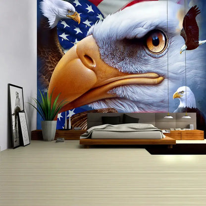 A detailed bohemian sun moon american eagle flag wall hanging tapestry featuring a realistic bald eagle and u.s. flag backdrop