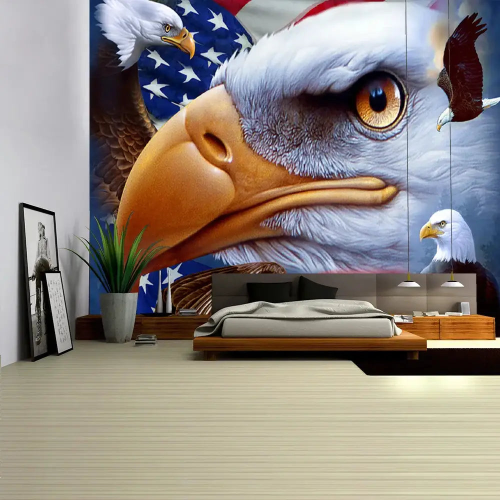 A detailed bohemian sun moon american eagle flag wall hanging tapestry featuring a realistic bald eagle and u.s. map