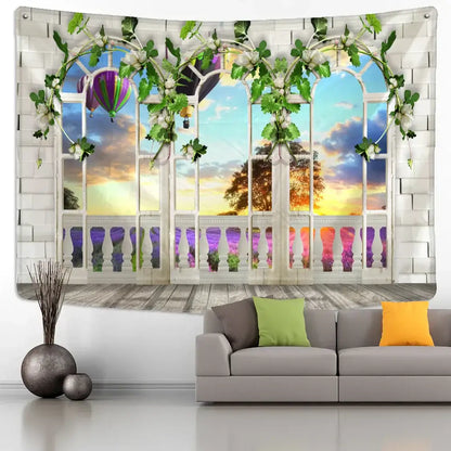 Bohemian sunlit village garden decorbites garden tapestry with white arched window and hot air balloons over lavender field