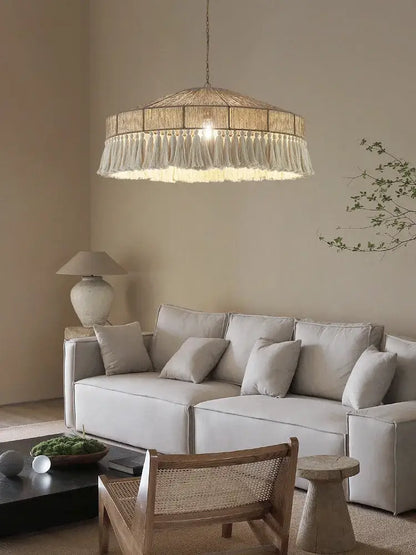 Beige woven natural pendant light with fringe detailing in decorbites bohemian tassel chandelier for bedroom decor