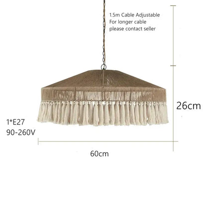 Beige woven tassel chandelier with fringe detail from decorbites bohemian tassel collection for bedroom lighting