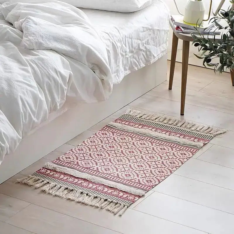 Rectangular decorbites bohemian tassel rug in beige rust pink with geometric pattern and fringed edges for living room decor