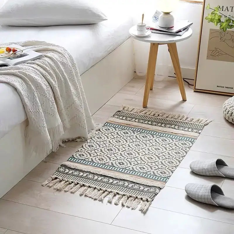 Bohemian tassel rug beige and rust woven geometric pattern with decorative fringe by decorbites bohemian decorbites bohemian tassel