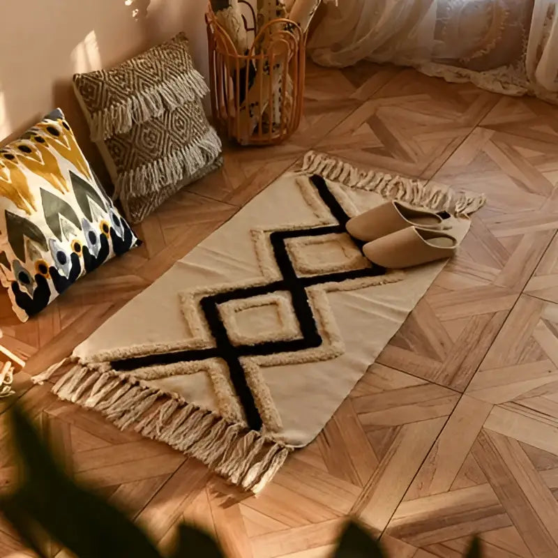 Beige woven decorbites bohemian tassel rug with black geometric patterns and fringed edges for living room decor