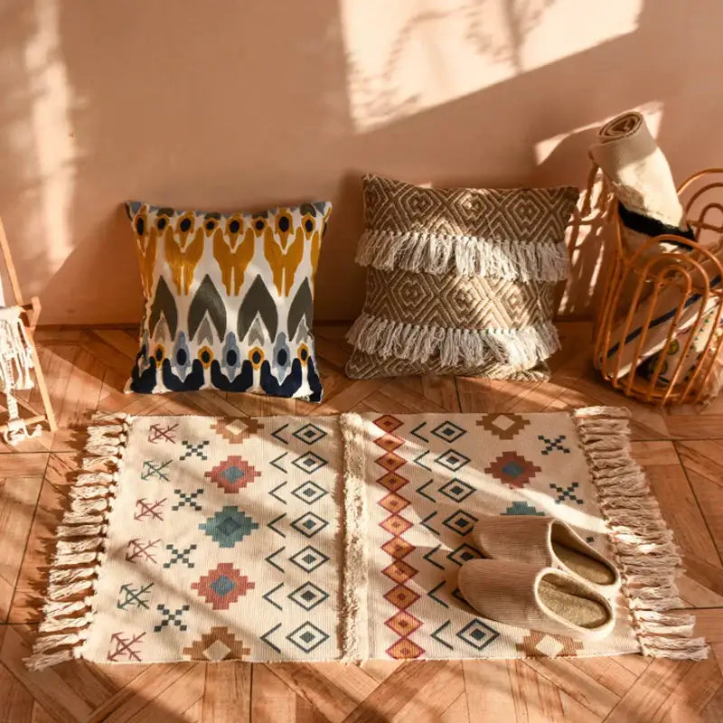 Beige woven bohemian tassel rug with rust geometric patterns and fringed edges for decorbites bohemian living room decor