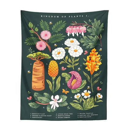 Bohemian teal botanical wildflower reference chart tapestry with dark green background and vibrant floral illustrations for decorbites decor