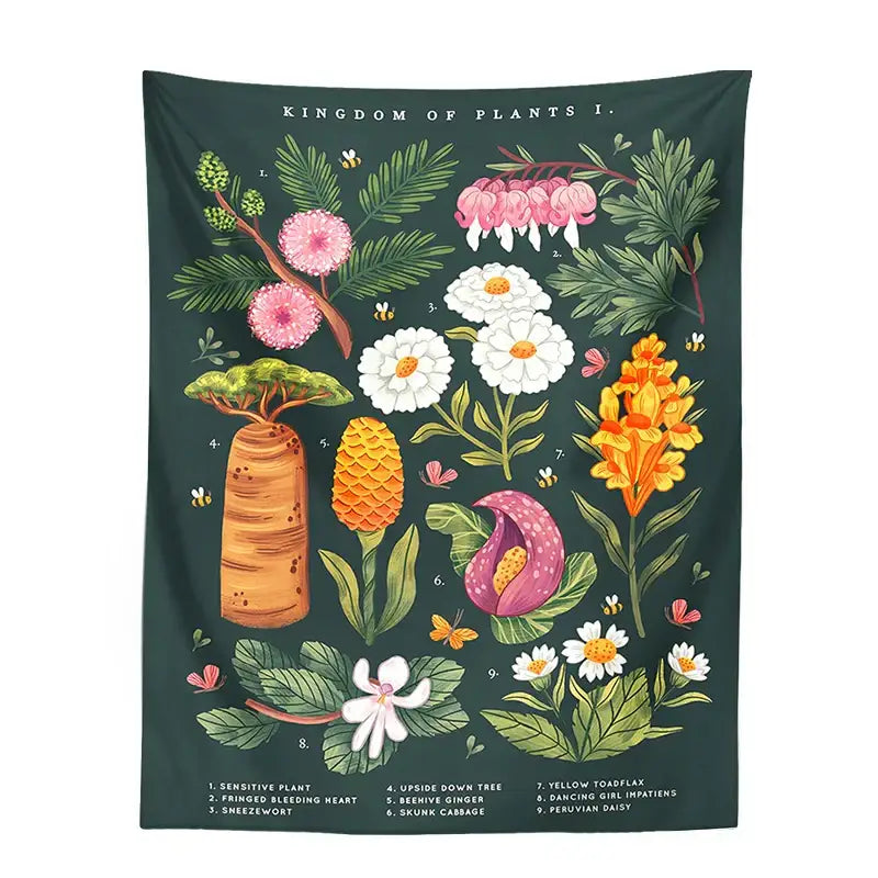 Bohemian teal botanical wildflower reference chart tapestry with dark green background and vibrant floral decorbites botanical wildflower