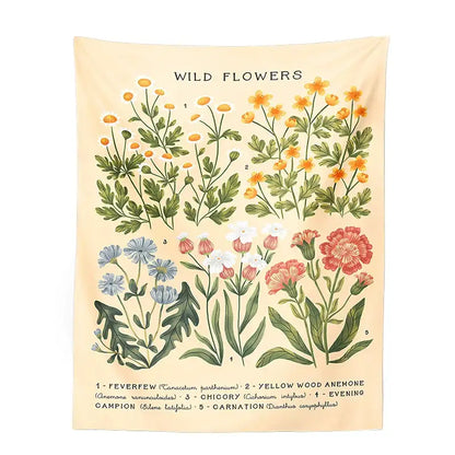 Beige wall tapestry featuring vibrant illustrated wildflowers with botanical labels for decorbites botanical wildflower reference chart wall hanging