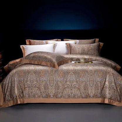 Luxurious gold and beige paisley-patterned satin bedding set with matching pillowcases in decorbites bohemian style egyptian cotton