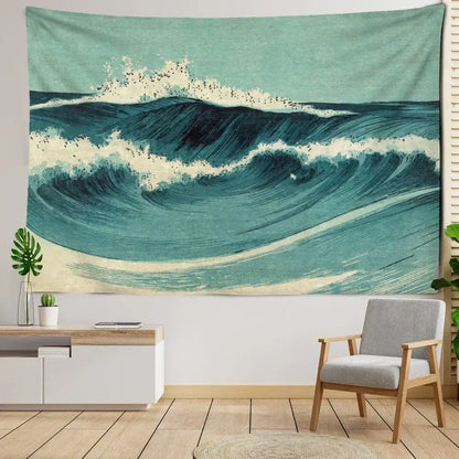Bohemian teal and white blue wave oil painting tapestry featuring decorbites blue wave design for bedroom decor
