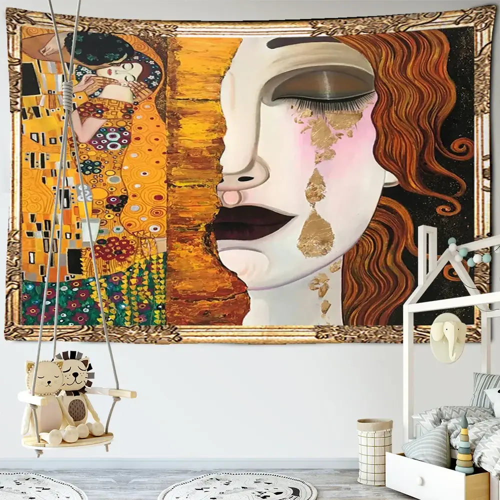 Bohemian thai style half face tapestry wall decor featuring gustav klimts the kiss and gold leaf tears on black background