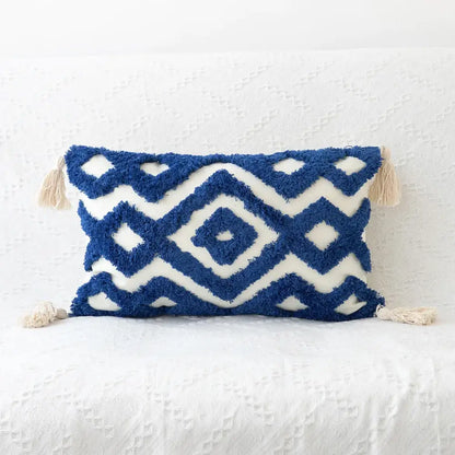 Blue and white bohemian tufted tassel pillow with textured fabric for living room decorbites cushion case