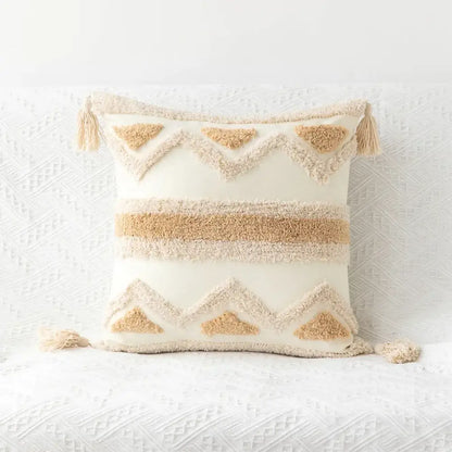 Cream-colored decorbites bohemian tufted tassel pillow case with textured beige geometric patterns for living room decor