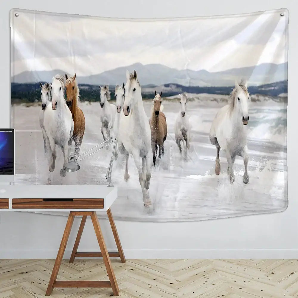 Bohemian white and brown horse print wall hanging with scenic beach decorbites 3d print for living room decor