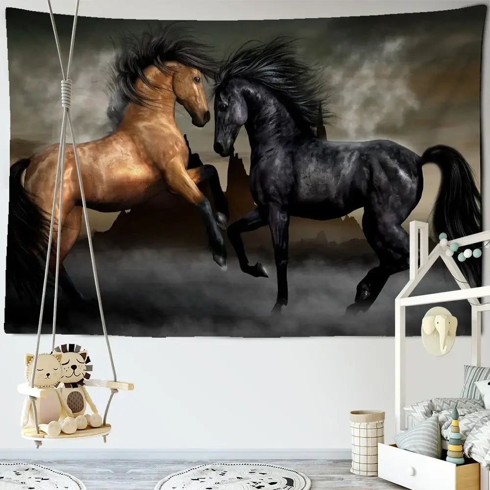 Bohemian white and brown horse print wall hanging decorbites 3d print featuring two dynamic horses in confrontation