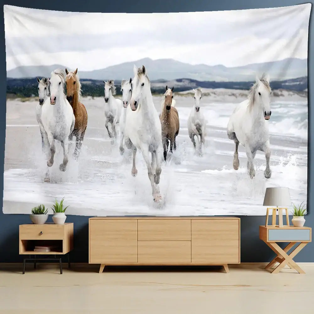 Bohemian white and brown horse print wall hanging features horses galloping through ocean waves for living room decorbites 3d print decorbites 3d print wall hanging