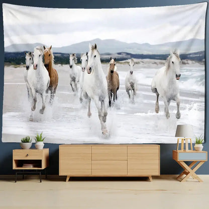 Bohemian white and brown horse print wall hanging features horses galloping through ocean waves for living room decorbites 3d print decorbites 3d print wall hanging