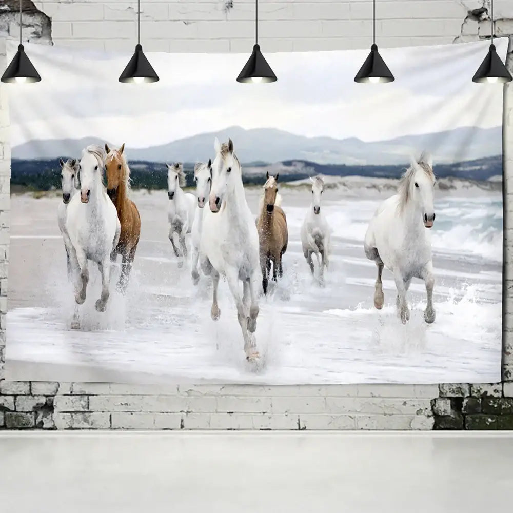 Bohemian white and brown horse print wall hanging tapestry decorbites 3d print on brick wall for living room decor